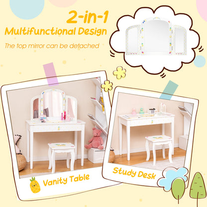 Kids Vanity Table Set, Tri-Folding Mirror, Large Drawer, White Kids Vanities at Gallery Canada