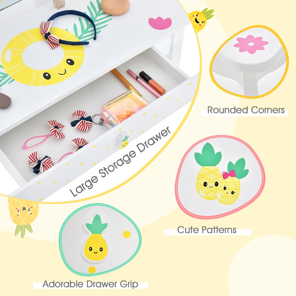 Kids Vanity Table Set, Tri-Folding Mirror, Large Drawer, White Kids Vanities at Gallery Canada
