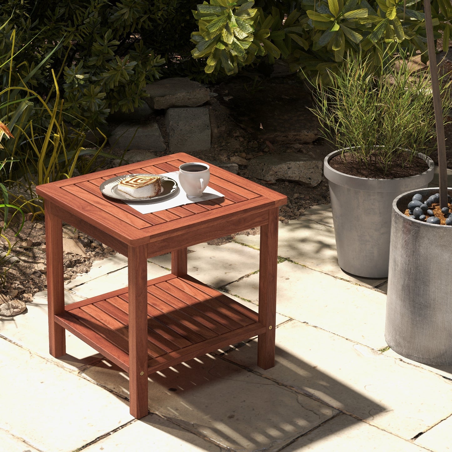 Double-Tier Acacia Wood Patio Side Table, Natural Patio Coffee Tables at Gallery Canada