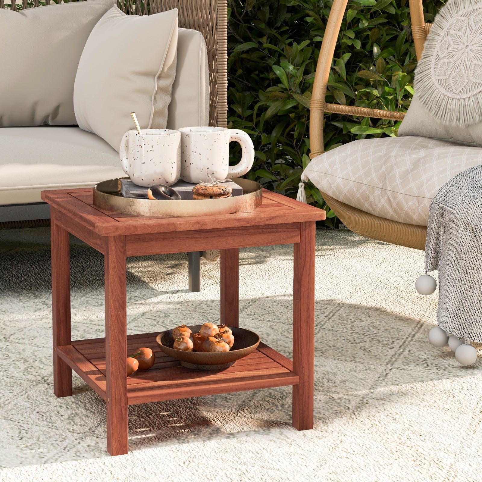 Double-Tier Acacia Wood Patio Side Table, Natural Patio Coffee Tables at Gallery Canada