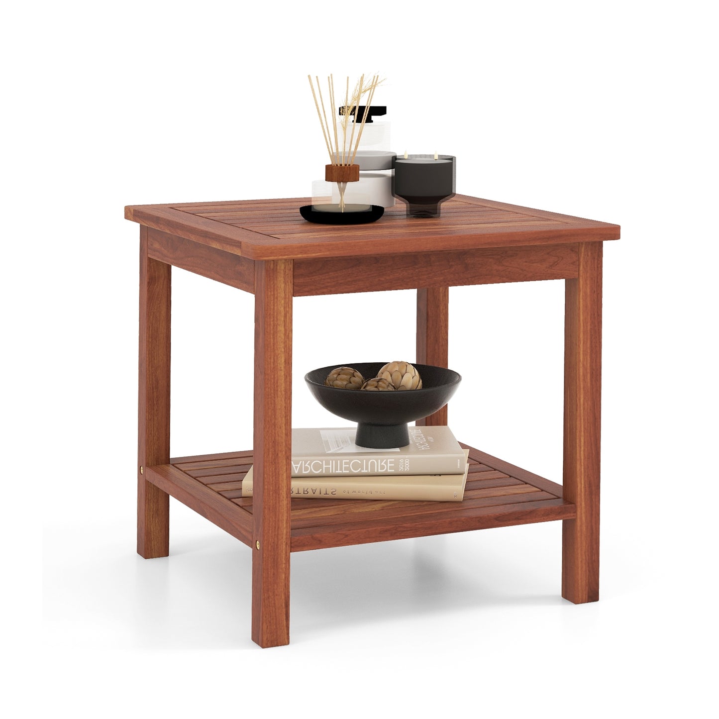 Double-Tier Acacia Wood Patio Side Table, Natural Patio Coffee Tables at Gallery Canada
