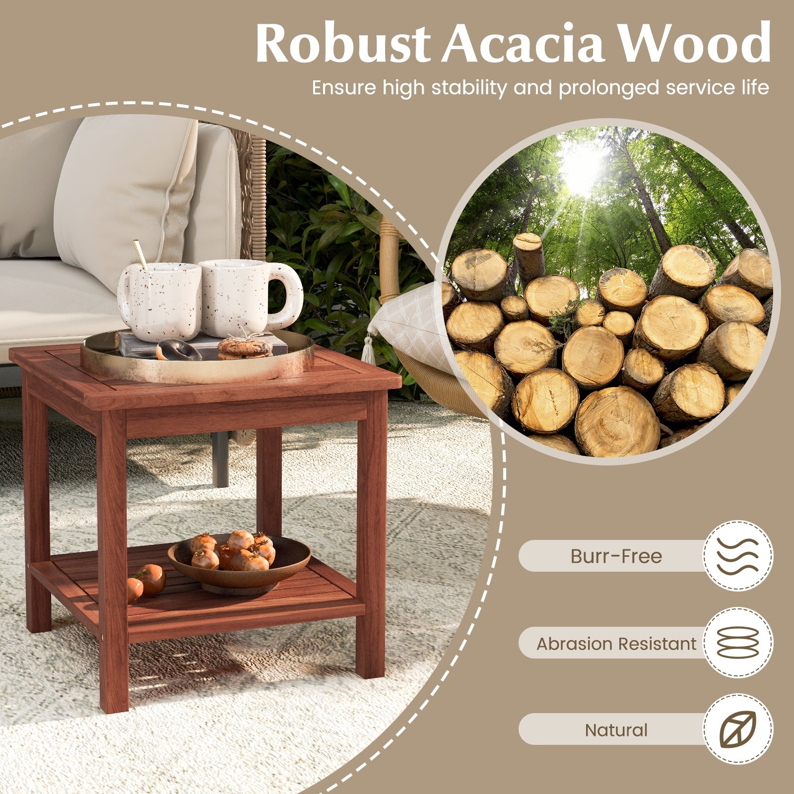 Double-Tier Acacia Wood Patio Side Table, Natural Patio Coffee Tables at Gallery Canada