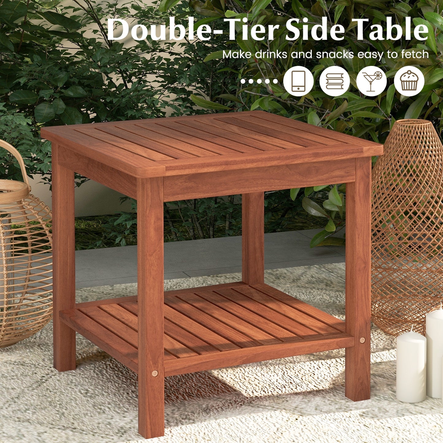 Double-Tier Acacia Wood Patio Side Table, Natural Patio Coffee Tables at Gallery Canada