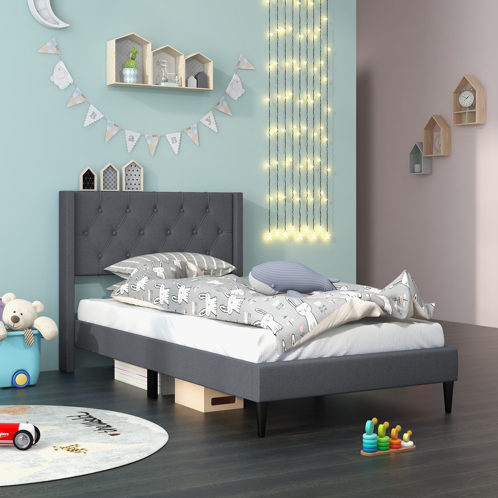 Twin Size Platform Bed With Tufted Wingback Headboard, Gray Simple Bed Frame at Gallery Canada