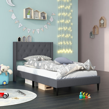 Twin Size Platform Bed With Tufted Wingback Headboard, Gray Simple Bed Frame at Gallery Canada