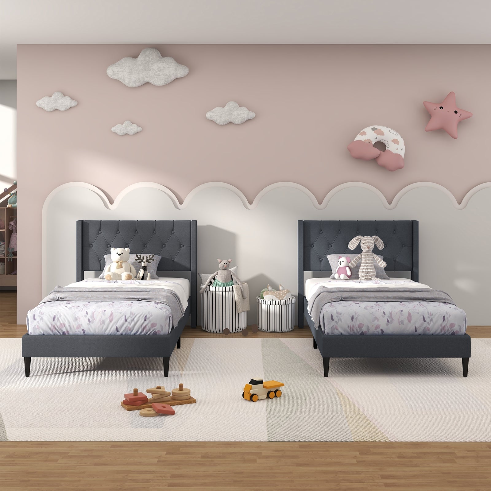 Twin Size Platform Bed With Tufted Wingback Headboard, Gray Simple Bed Frame at Gallery Canada