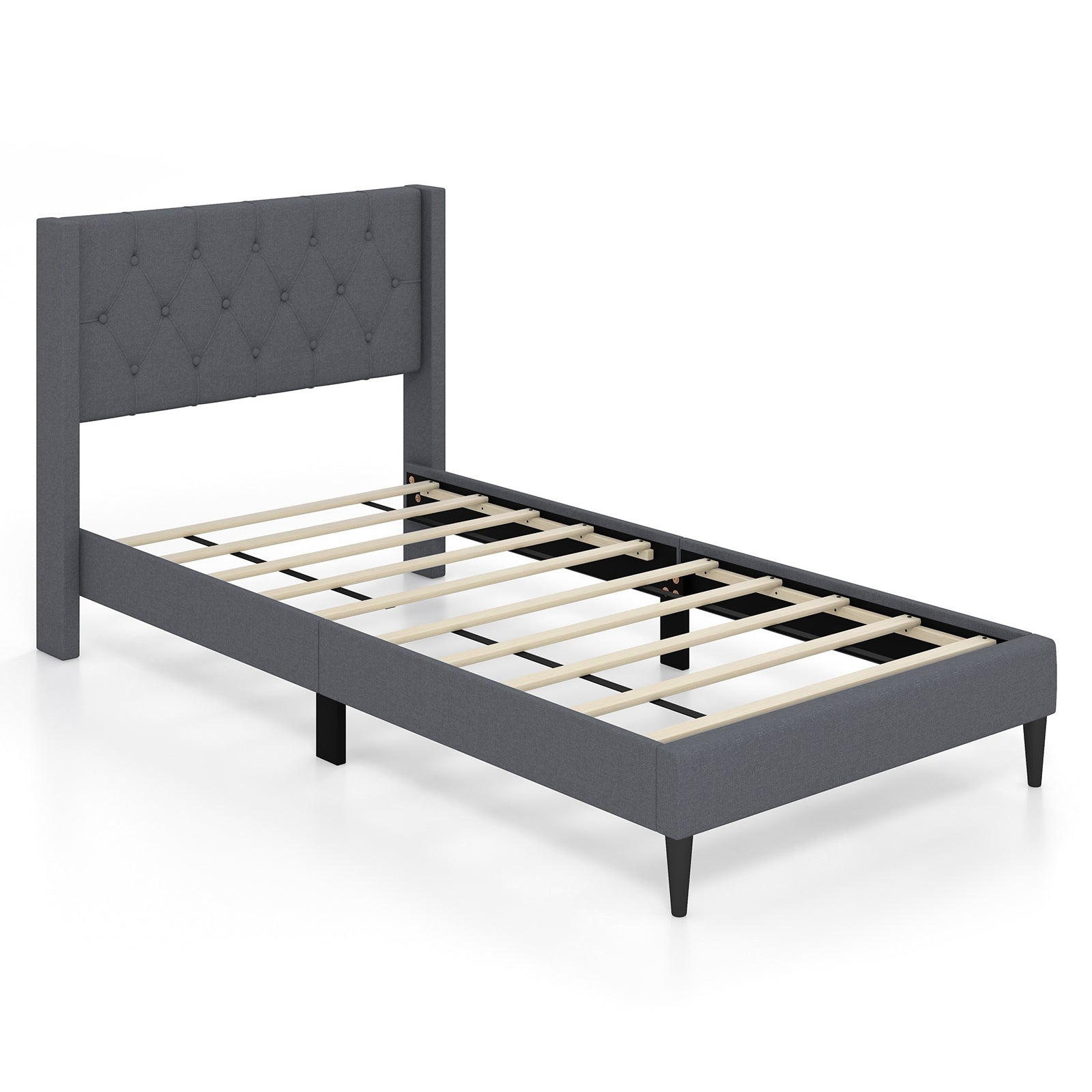 Twin Size Platform Bed With Tufted Wingback Headboard, Gray Simple Bed Frame at Gallery Canada