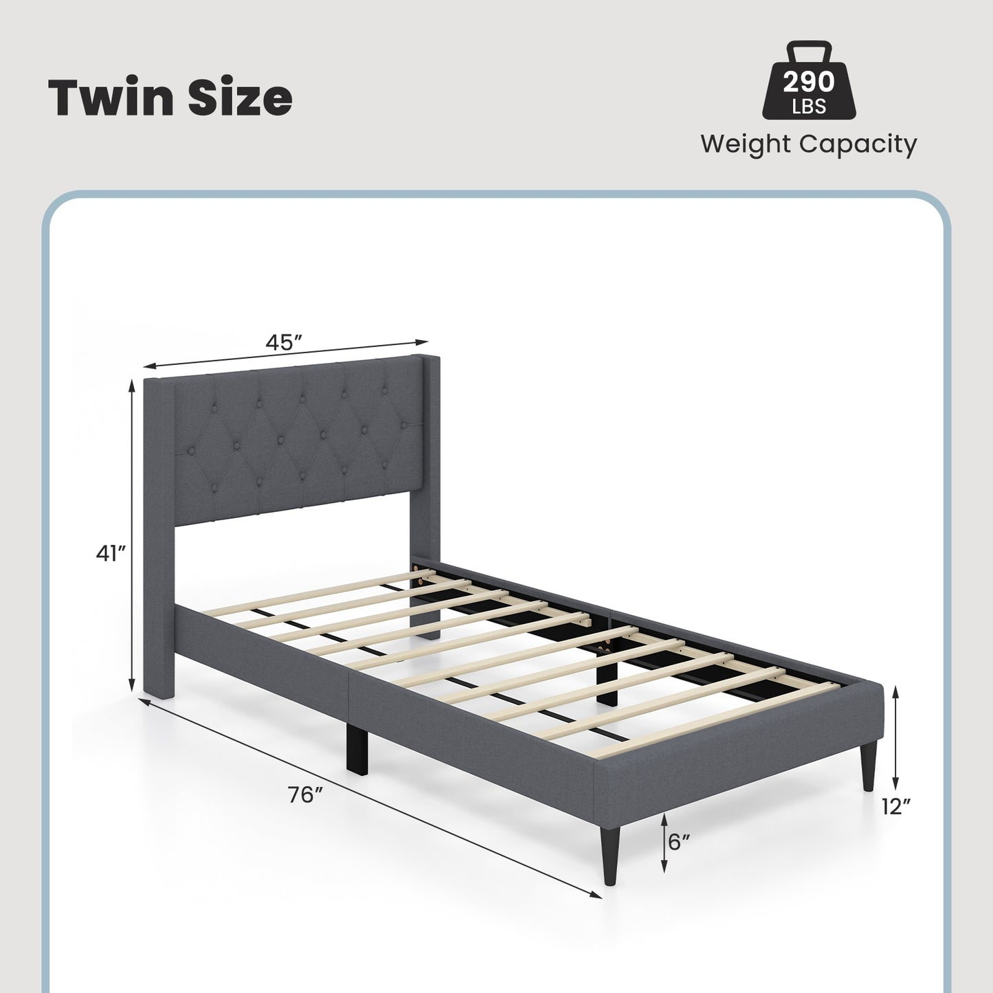 Twin Size Platform Bed With Tufted Wingback Headboard, Gray Simple Bed Frame at Gallery Canada