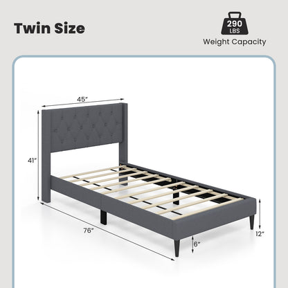 Twin Size Platform Bed With Tufted Wingback Headboard, Gray Simple Bed Frame at Gallery Canada