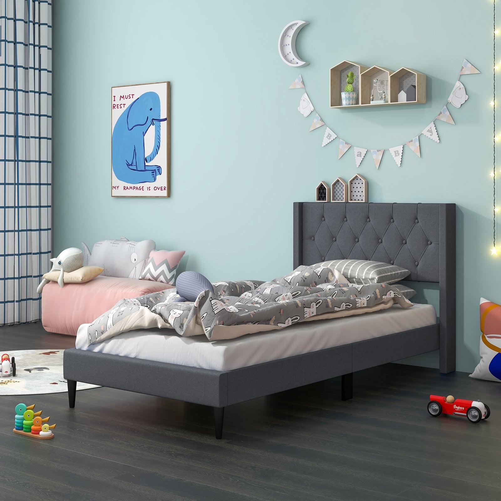 Twin Size Platform Bed With Tufted Wingback Headboard, Gray Simple Bed Frame at Gallery Canada
