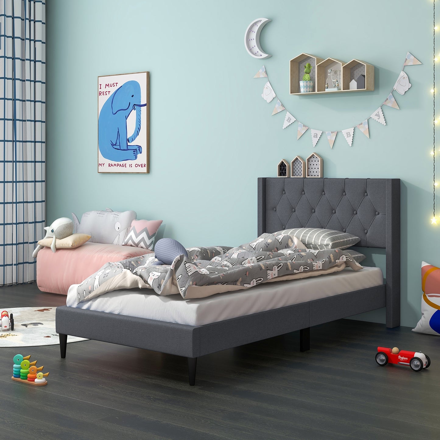 Twin Size Platform Bed With Tufted Wingback Headboard, Gray Simple Bed Frame at Gallery Canada