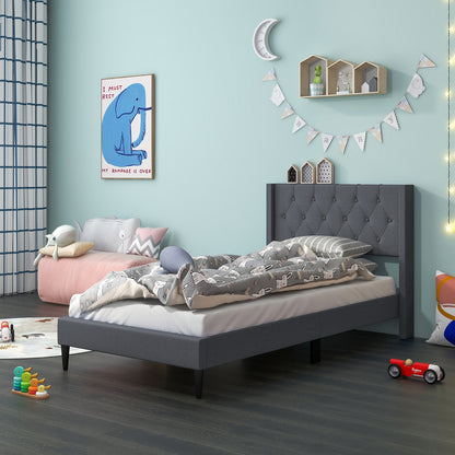 Twin Size Platform Bed With Tufted Wingback Headboard, Gray Simple Bed Frame at Gallery Canada