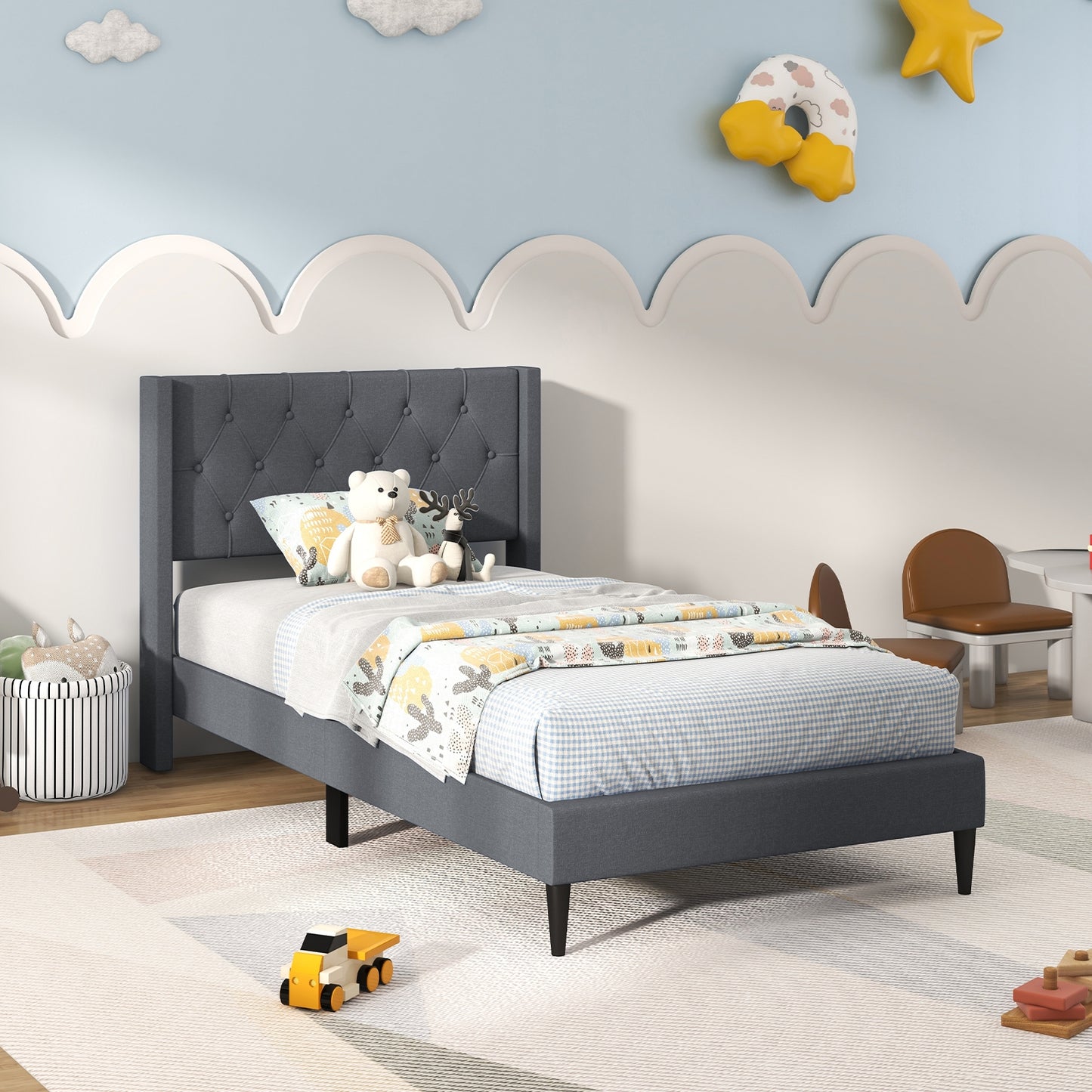 Twin Size Platform Bed With Tufted Wingback Headboard, Gray Simple Bed Frame at Gallery Canada