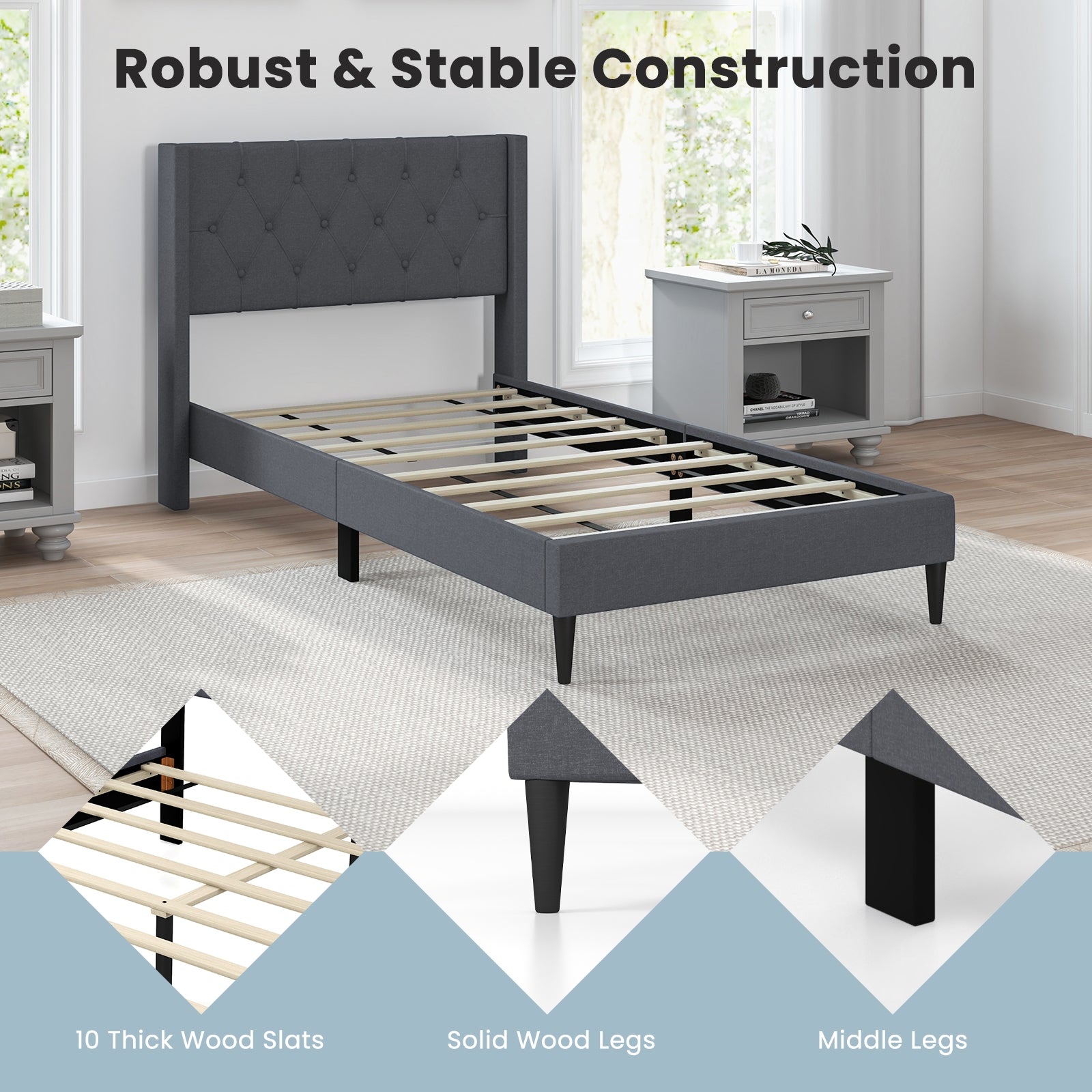Twin Size Platform Bed With Tufted Wingback Headboard, Gray Simple Bed Frame at Gallery Canada