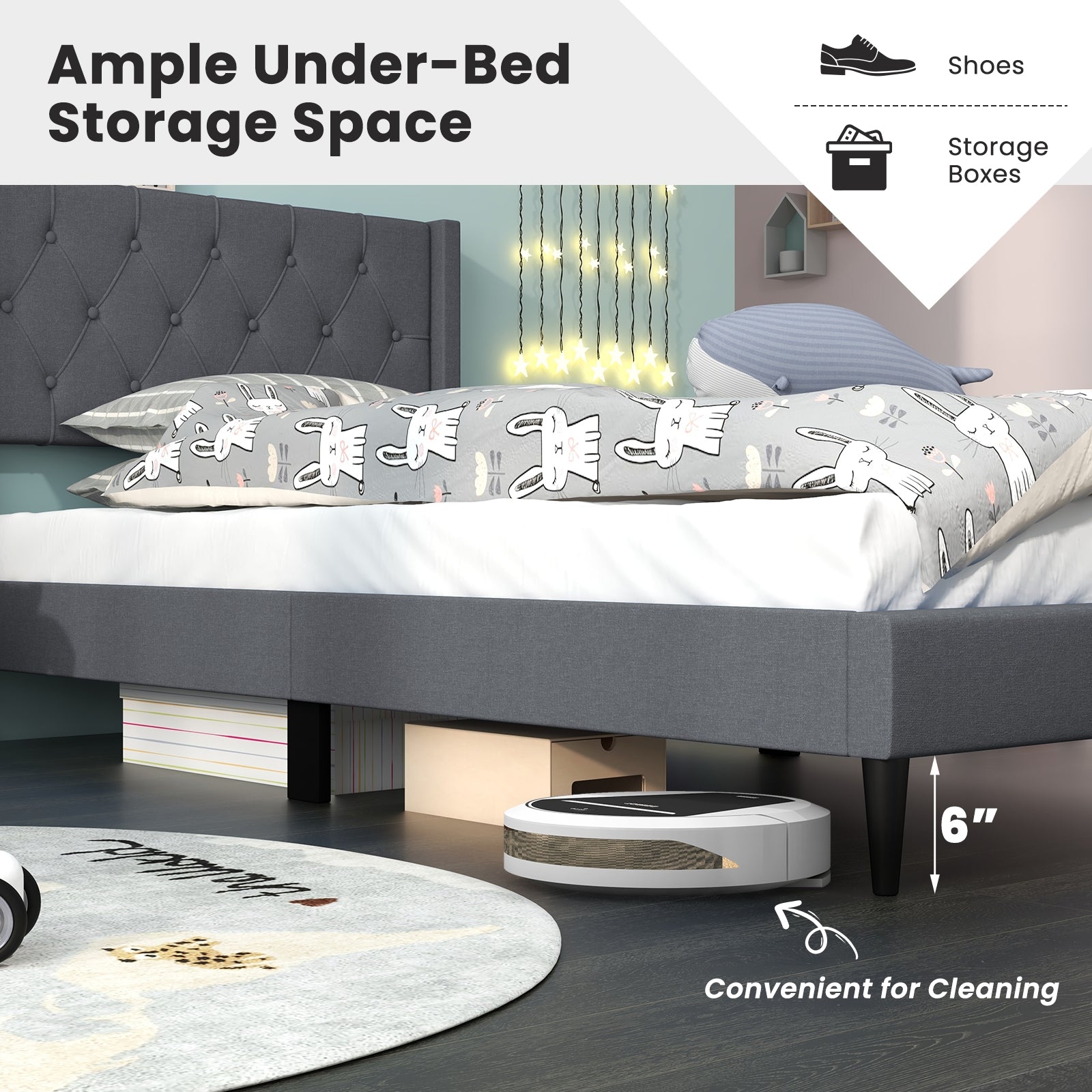 Twin Size Platform Bed With Tufted Wingback Headboard, Gray Simple Bed Frame at Gallery Canada