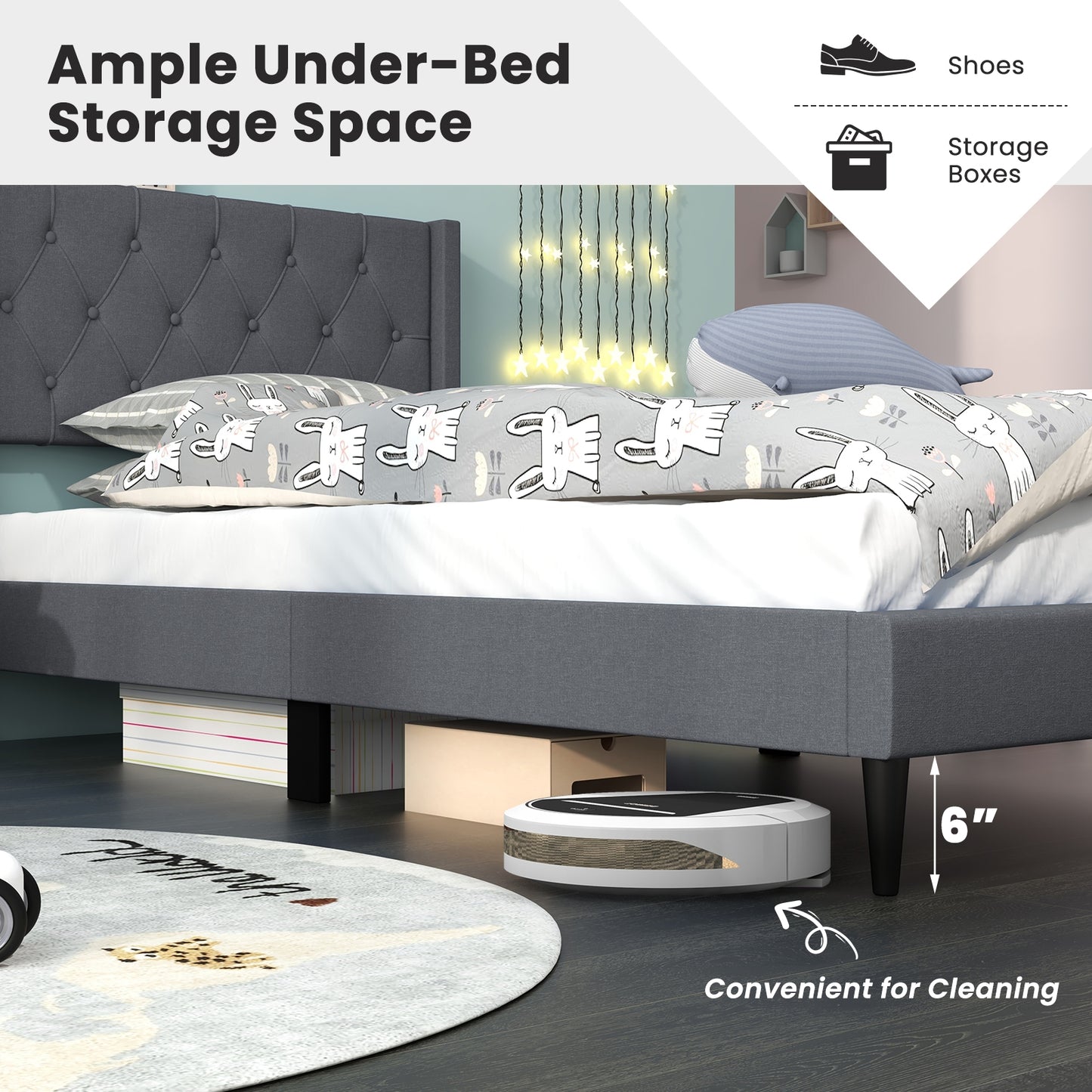 Twin Size Platform Bed With Tufted Wingback Headboard, Gray Simple Bed Frame at Gallery Canada