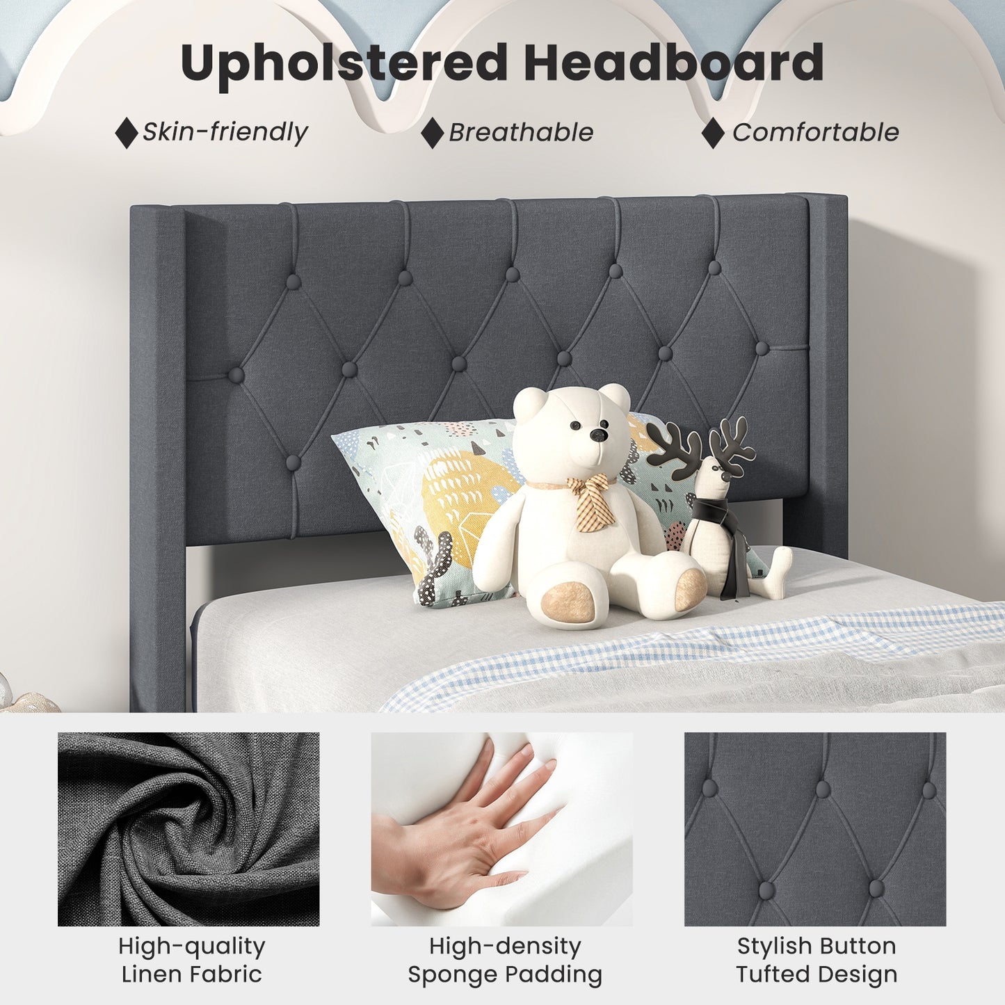 Twin Size Platform Bed With Tufted Wingback Headboard, Gray Simple Bed Frame at Gallery Canada