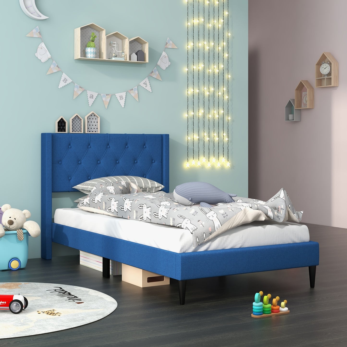 Twin Size Upholstered Platform Bed with Button Tufted Wingback Headboard, Blue Simple Bed Frame at Gallery Canada