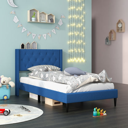 Twin Size Upholstered Platform Bed with Button Tufted Wingback Headboard, Blue Simple Bed Frame at Gallery Canada