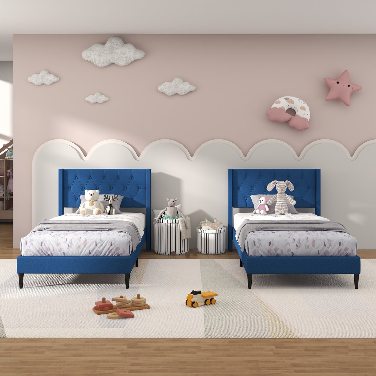 Twin Size Upholstered Platform Bed with Button Tufted Wingback Headboard, Blue Simple Bed Frame at Gallery Canada