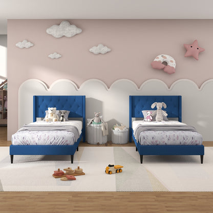 Twin Size Upholstered Platform Bed with Button Tufted Wingback Headboard, Blue Simple Bed Frame at Gallery Canada