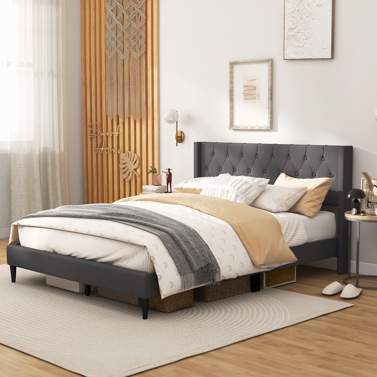 Queen Size Upholstered Platform Bed, Button Tufted Wingback Headboard, Gray Simple Bed Frame at Gallery Canada