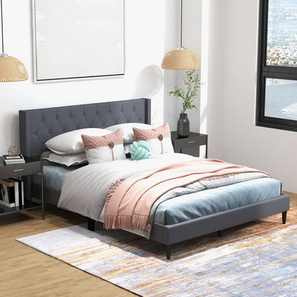 Queen Size Upholstered Platform Bed, Button Tufted Wingback Headboard, Gray Simple Bed Frame at Gallery Canada
