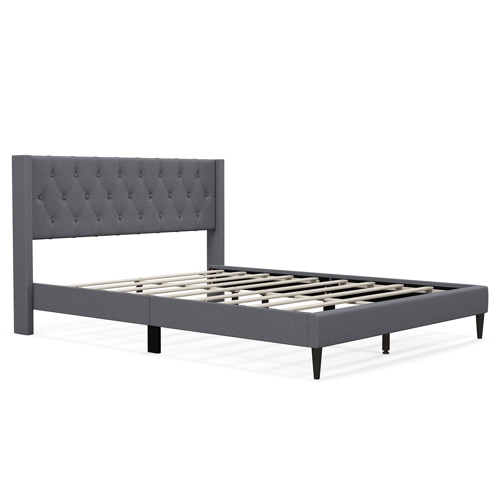 Queen Size Upholstered Platform Bed, Button Tufted Wingback Headboard, Gray Simple Bed Frame at Gallery Canada