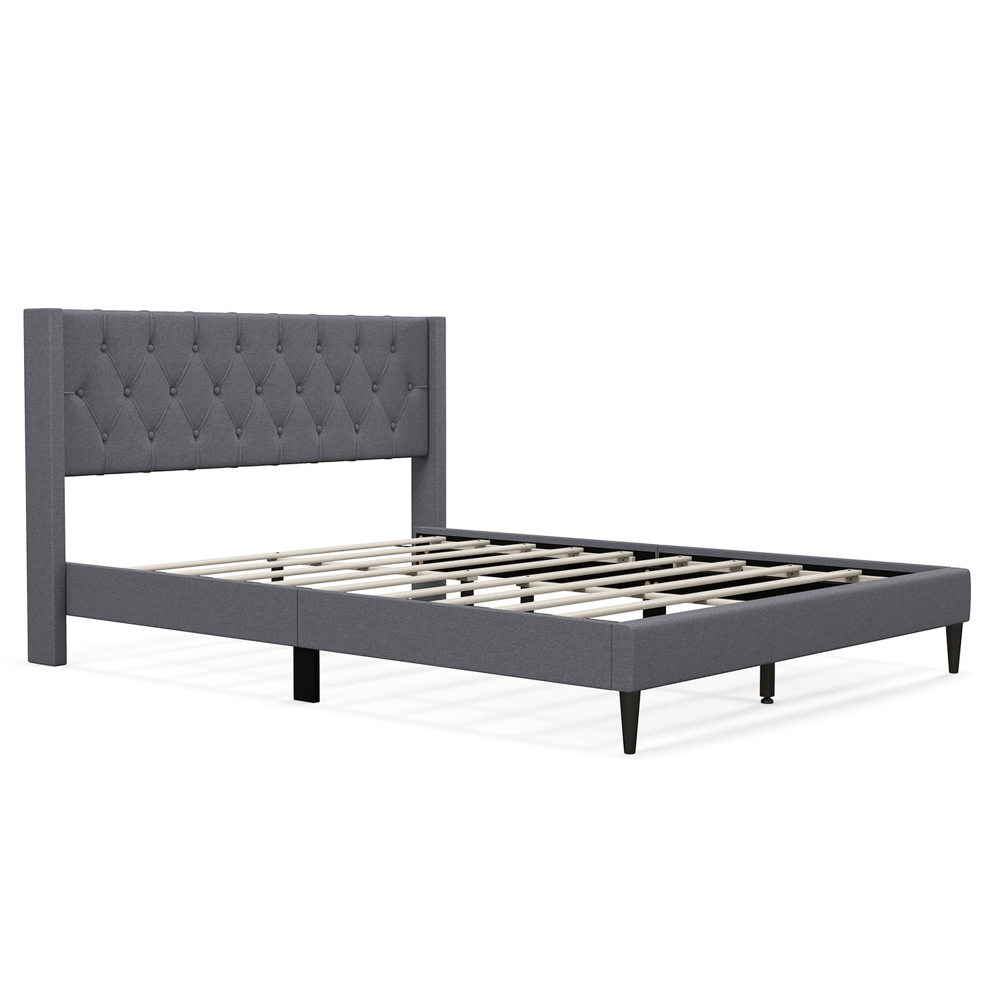 Queen Size Upholstered Platform Bed, Button Tufted Wingback Headboard, Gray Simple Bed Frame at Gallery Canada