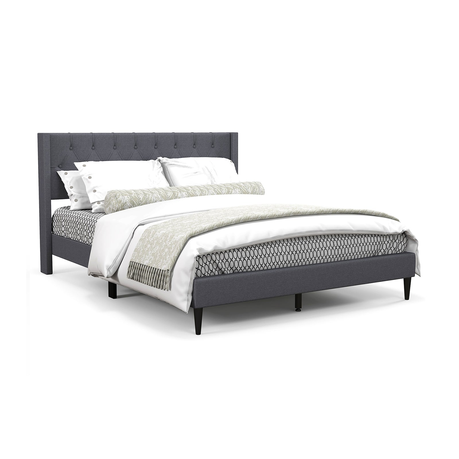 Queen Size Upholstered Platform Bed, Button Tufted Wingback Headboard, Gray Simple Bed Frame at Gallery Canada