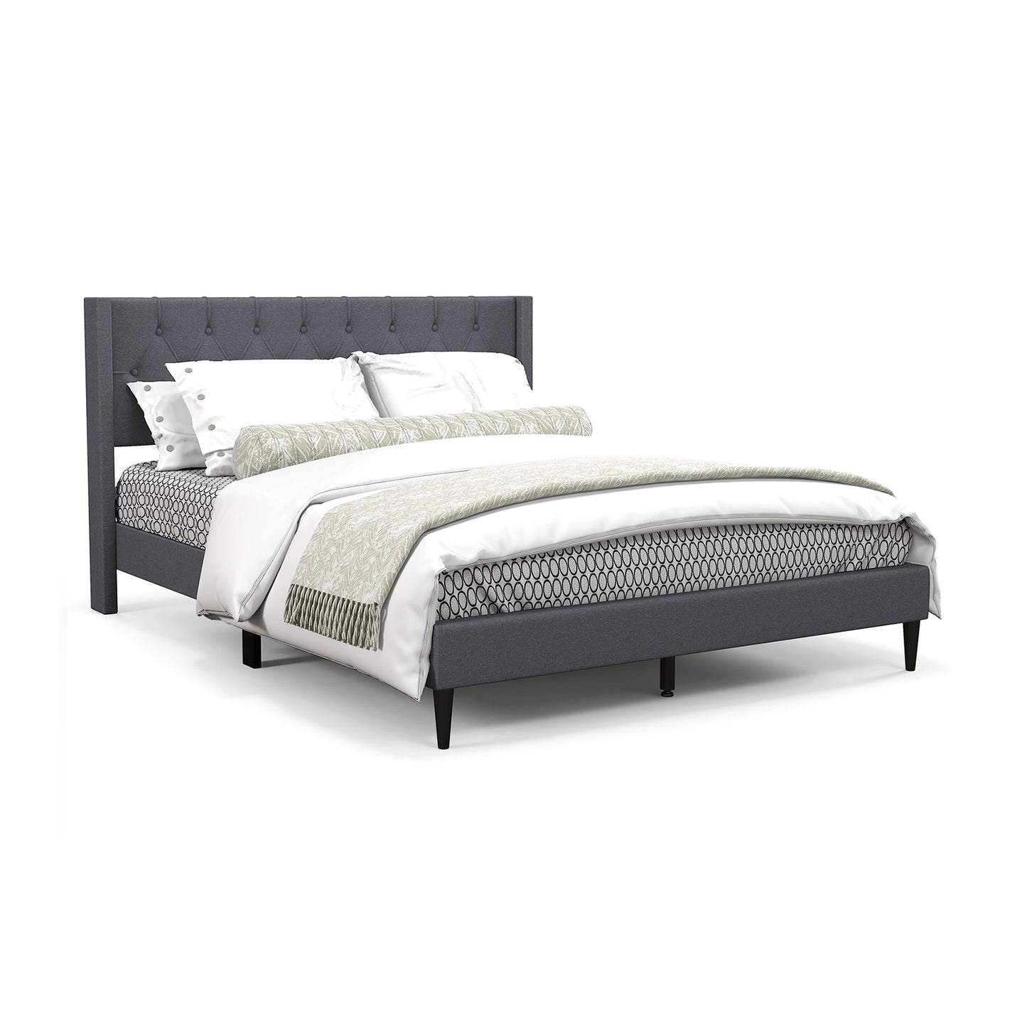 Queen Size Upholstered Platform Bed, Button Tufted Wingback Headboard, Gray Simple Bed Frame at Gallery Canada