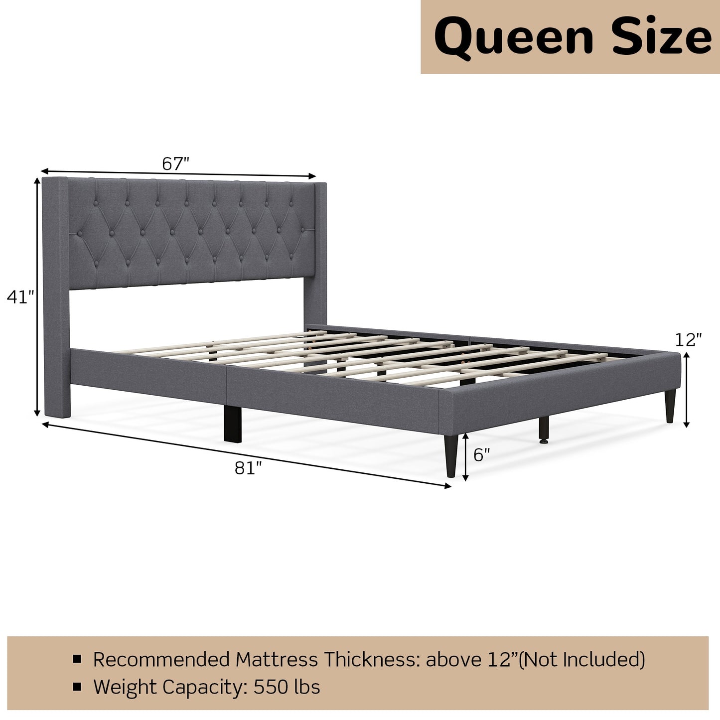 Queen Size Upholstered Platform Bed, Button Tufted Wingback Headboard, Gray Simple Bed Frame at Gallery Canada