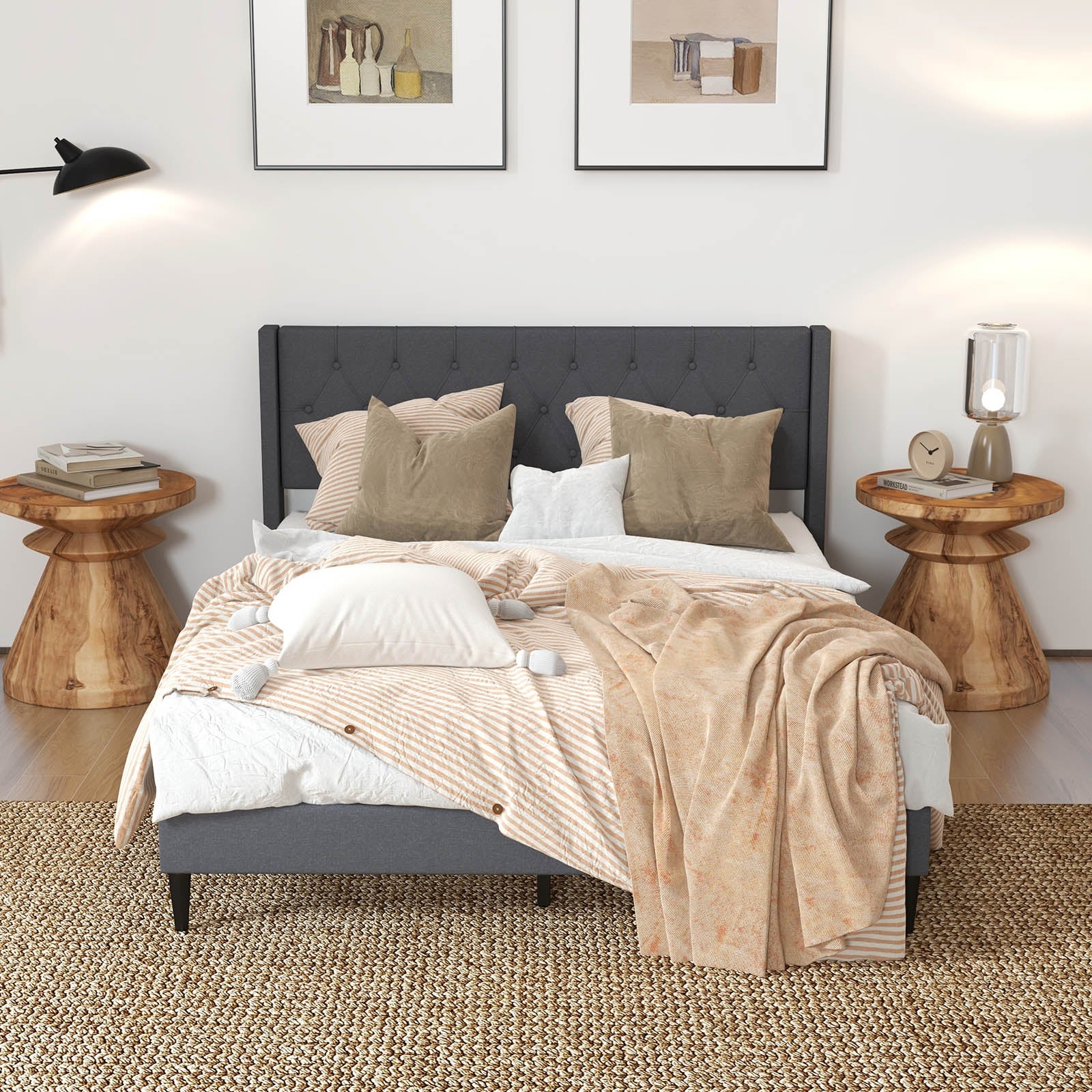 Queen Size Upholstered Platform Bed, Button Tufted Wingback Headboard, Gray Simple Bed Frame at Gallery Canada