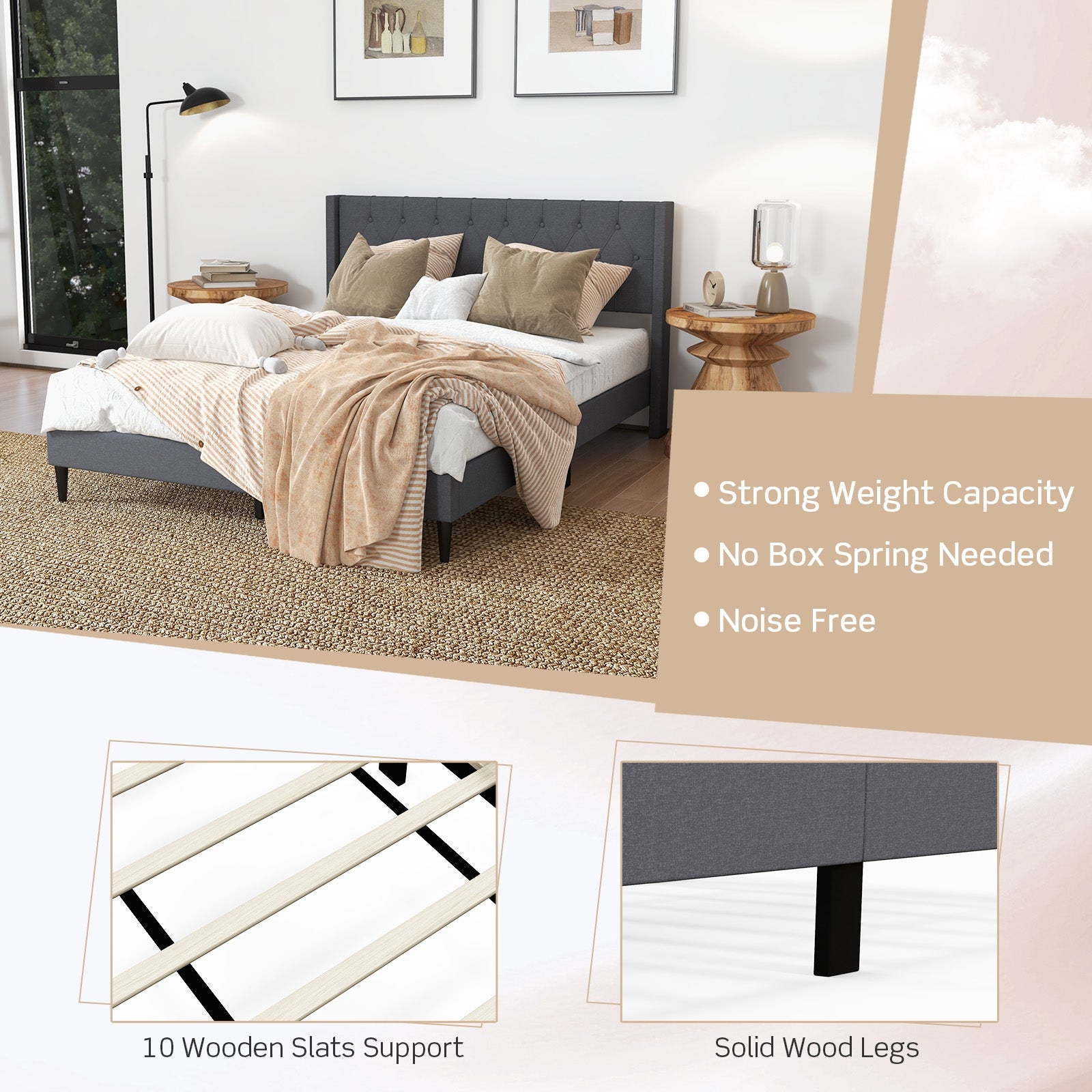 Queen Size Upholstered Platform Bed, Button Tufted Wingback Headboard, Gray Simple Bed Frame at Gallery Canada