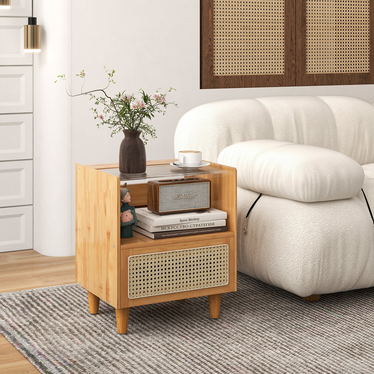 Bamboo Rattan Nightstand With Drawer, Natural Nightstands at Gallery Canada