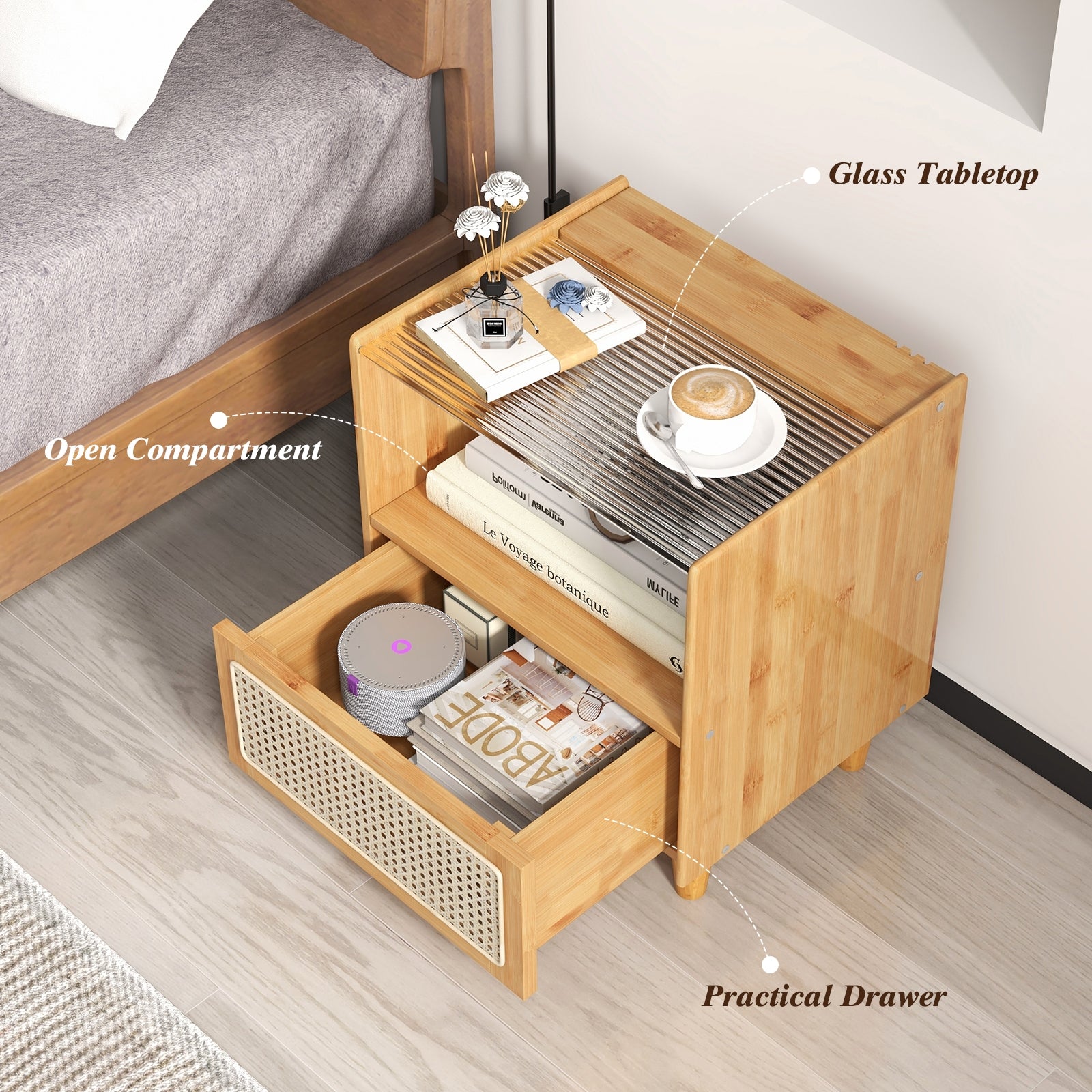 Bamboo Rattan Nightstand With Drawer, Natural Nightstands at Gallery Canada
