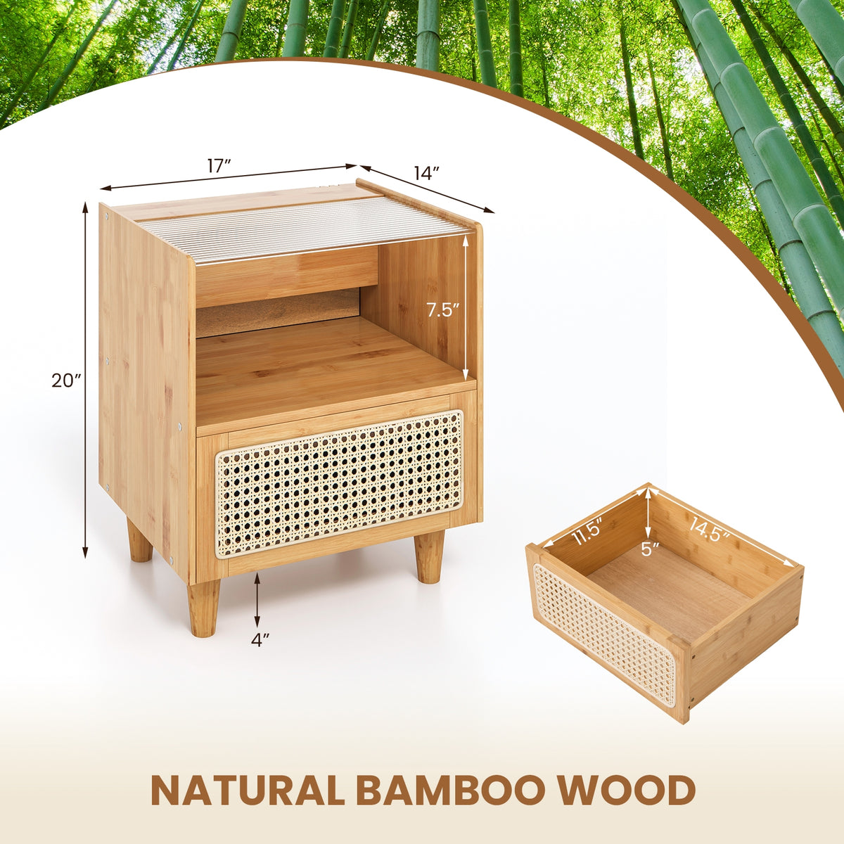 Bamboo Rattan Nightstand With Drawer, Natural Nightstands at Gallery Canada