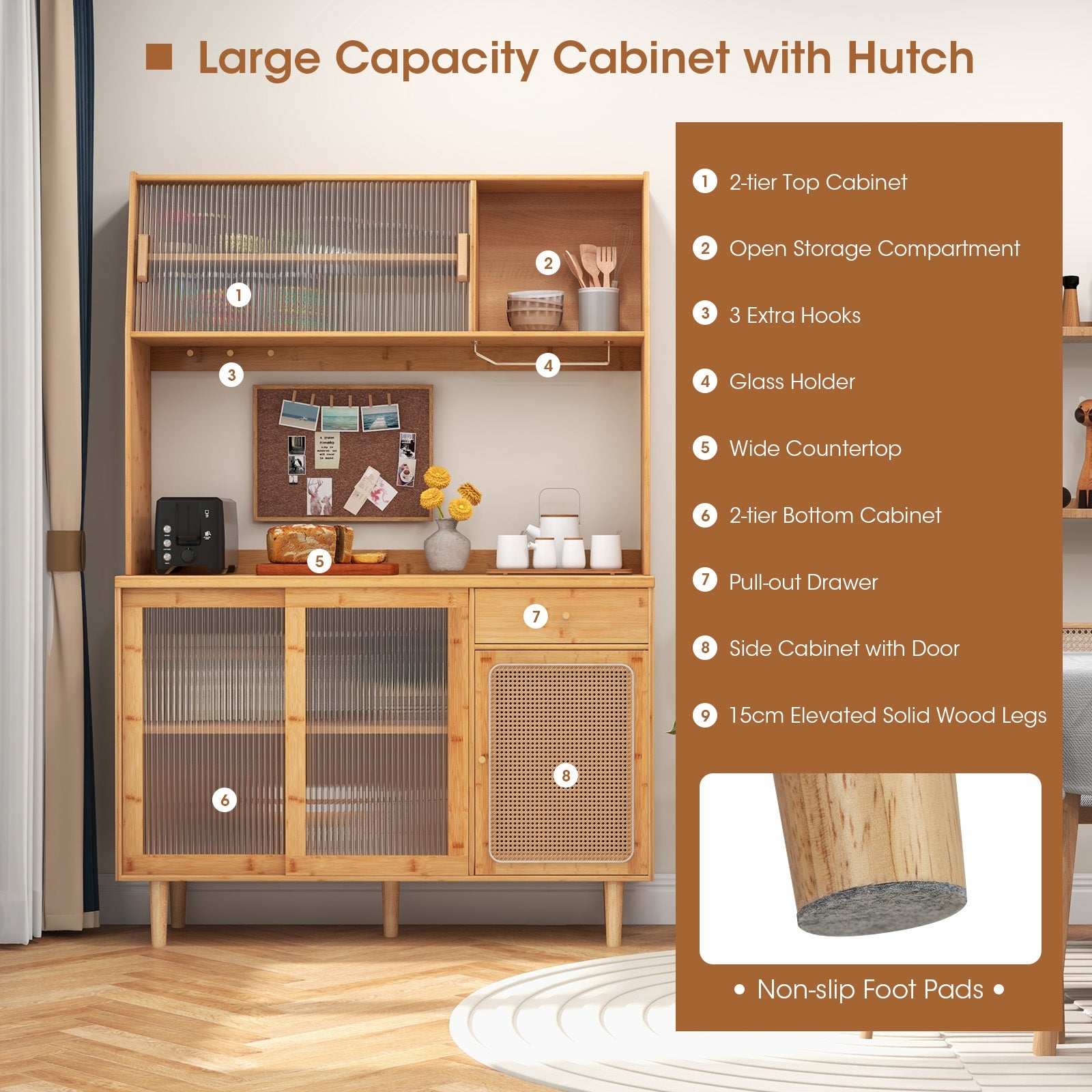 69 Inch Wine Bar Cabinet, Sliding Tempered Glass, Rattan Door, Natural Sideboards Cabinets & Buffets at Gallery Canada