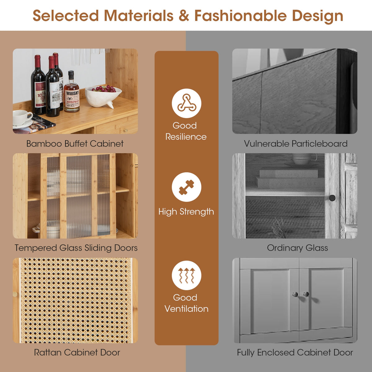 69 Inch Wine Bar Cabinet, Sliding Tempered Glass, Rattan Door, Natural Sideboards Cabinets & Buffets at Gallery Canada