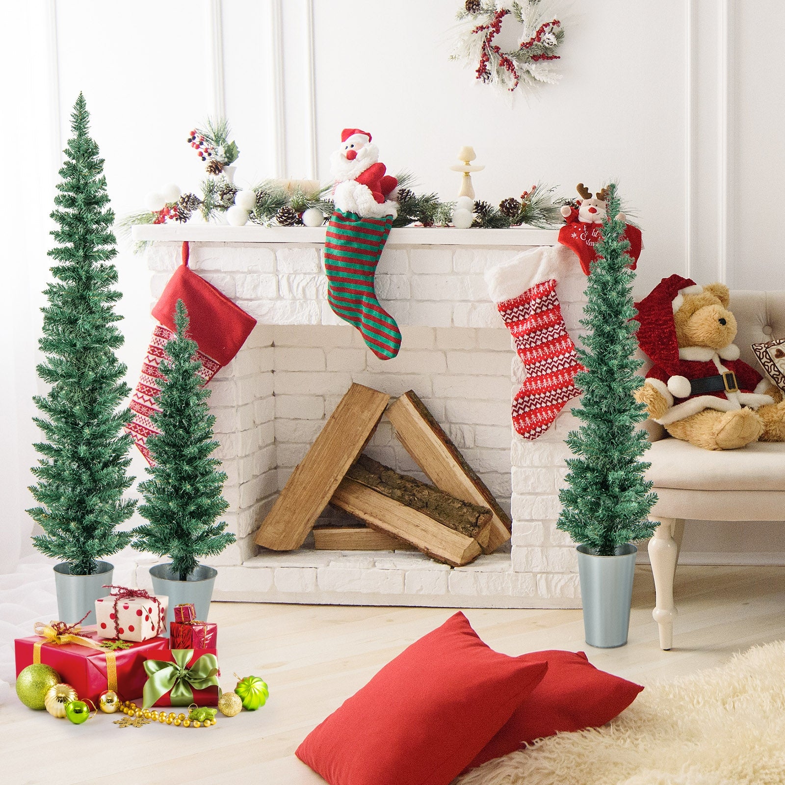 Set of 3 Artificial Christmas Trees, Silver Metal Buckets, Green Christmas Tree at Gallery Canada