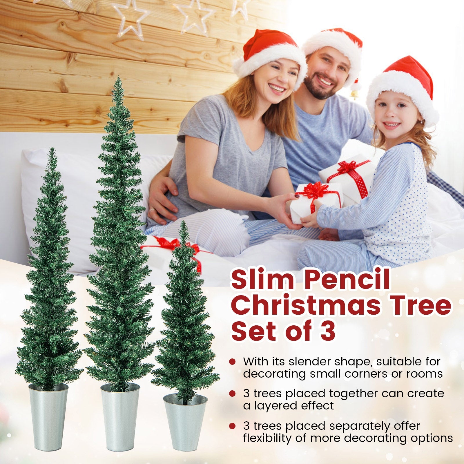 Set of 3 Artificial Christmas Trees, Silver Metal Buckets, Green Christmas Tree at Gallery Canada