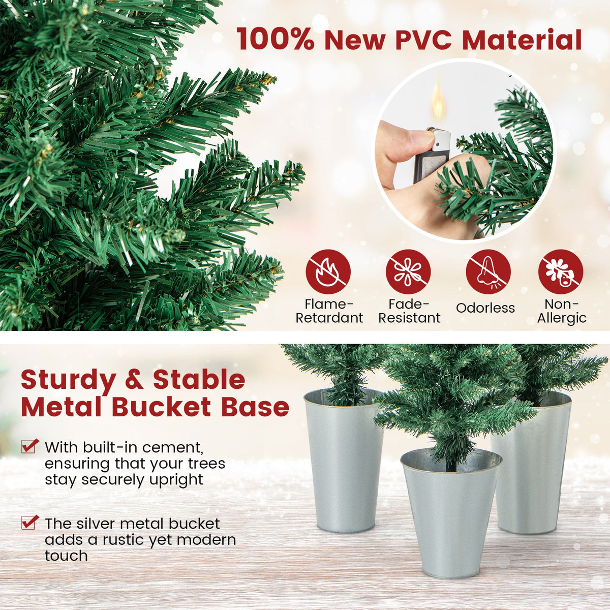 Set of 3 Artificial Christmas Trees, Silver Metal Buckets, Green Christmas Tree at Gallery Canada