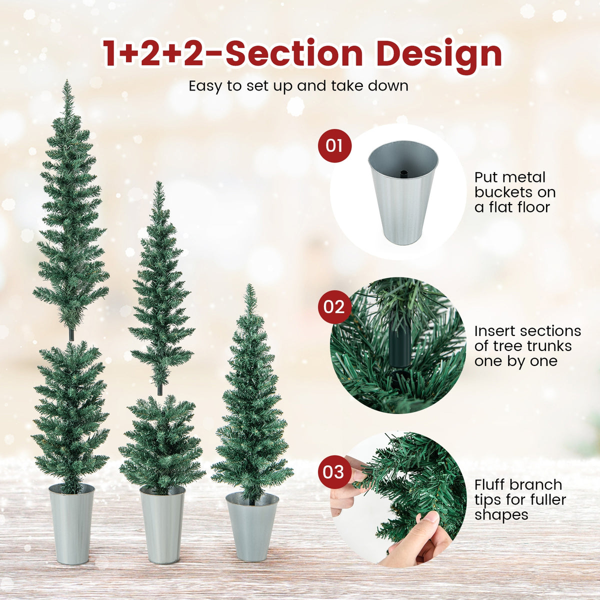 Set of 3 Artificial Christmas Trees, Silver Metal Buckets, Green Christmas Tree at Gallery Canada