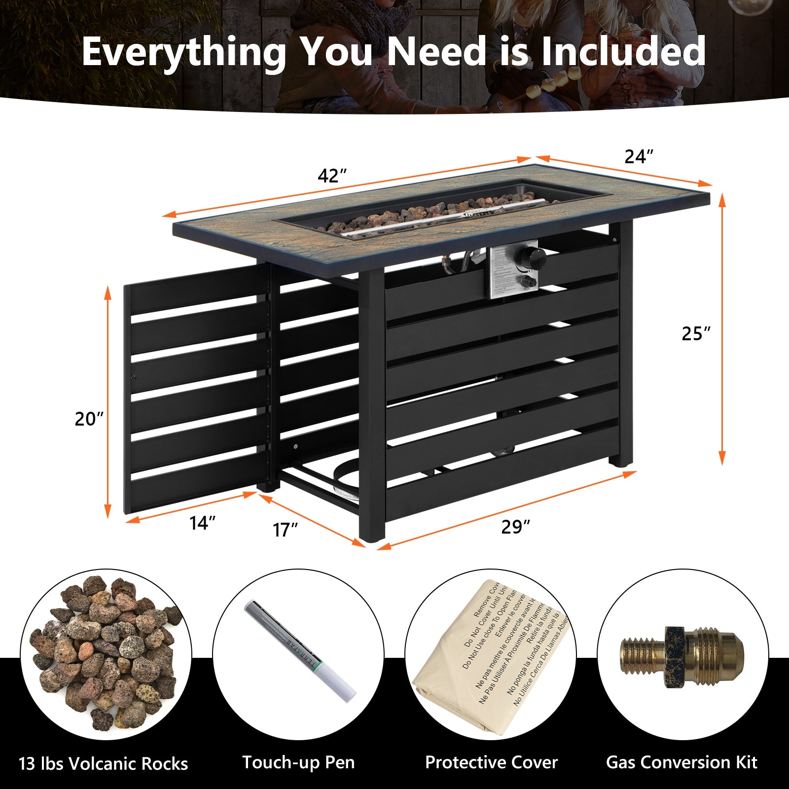 42 Inch 50000 BTU Propane Fire Pit Table, Ore Powder Surface, Black Fire Pit Tables at Gallery Canada