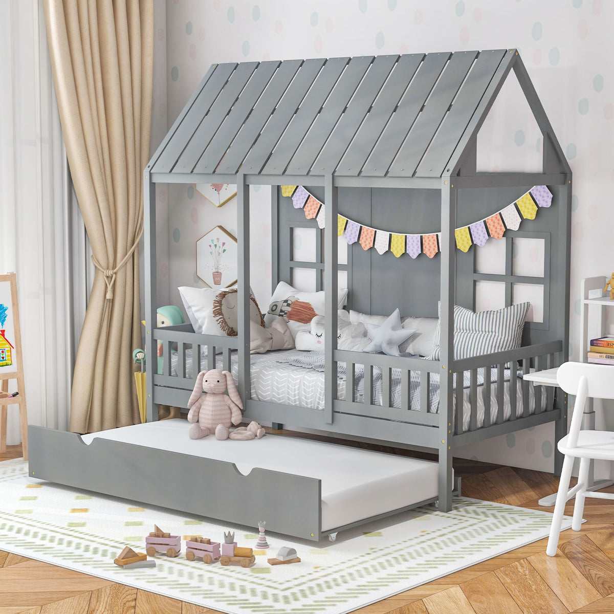 Twin Size House Bed Frame With Trundle, 82 Inch Tall Roof, Gray Toddler Beds at Gallery Canada
