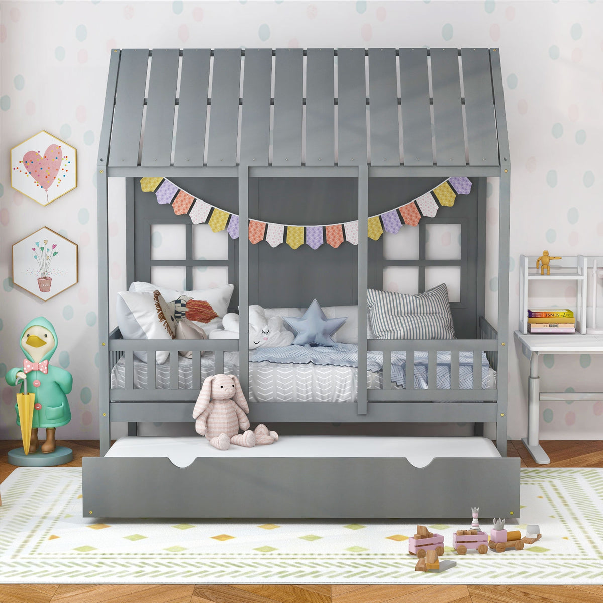 Twin Size House Bed Frame With Trundle, 82 Inch Tall Roof, Gray Toddler Beds at Gallery Canada