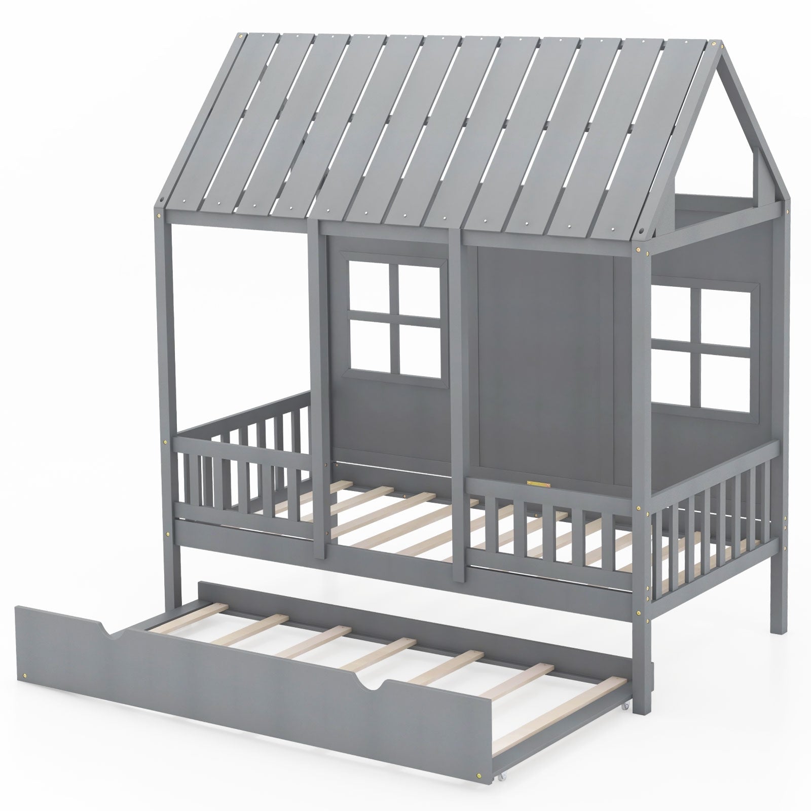Twin Size House Bed Frame With Trundle, 82 Inch Tall Roof, Gray Toddler Beds at Gallery Canada