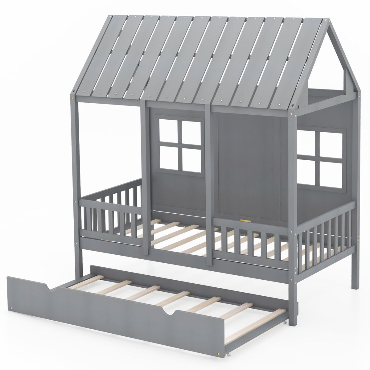 Twin Size House Bed Frame With Trundle, 82 Inch Tall Roof, Gray Toddler Beds at Gallery Canada