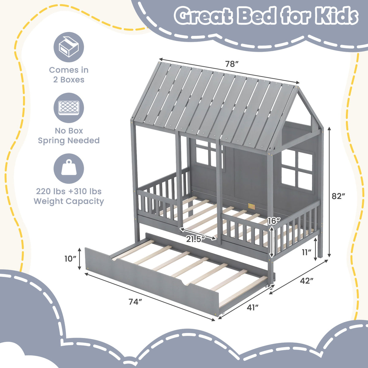 Twin Size House Bed Frame With Trundle, 82 Inch Tall Roof, Gray Toddler Beds at Gallery Canada