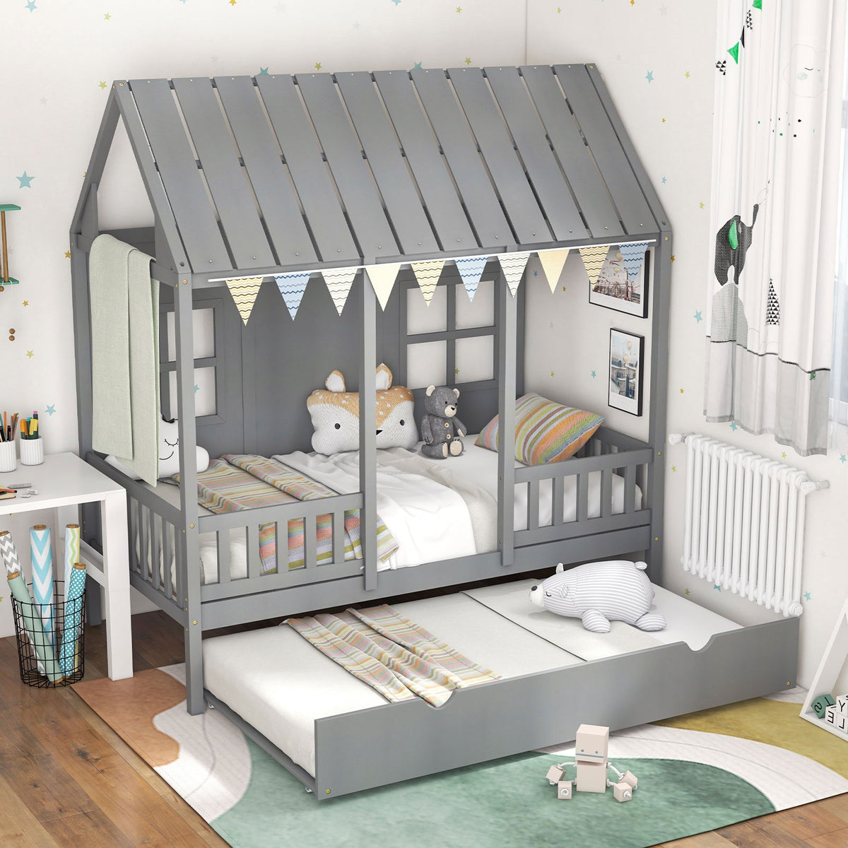 Twin Size House Bed Frame With Trundle, 82 Inch Tall Roof, Gray Toddler Beds at Gallery Canada